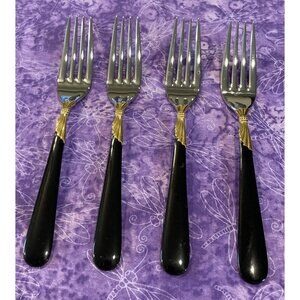Yamazaki Lindi Salad Forks 18/8 Stainless Black Handle Gold Accent Set Of‎ 4 VTG